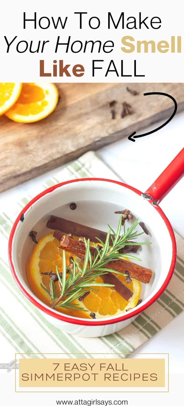 stovetop potpourri in an enamel pot with a text overlay