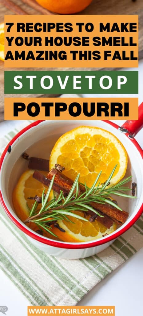 stovetop potpourri in an enamel pot with a text overlay