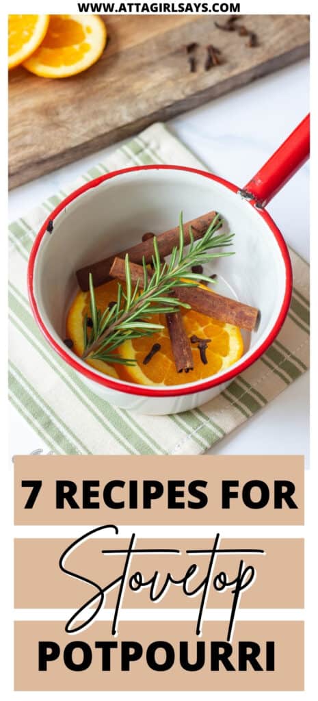 stovetop potpourri in an enamel pot with a text overlay