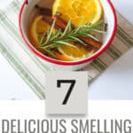 stovetop potpourri in an enamel pot with a text overlay