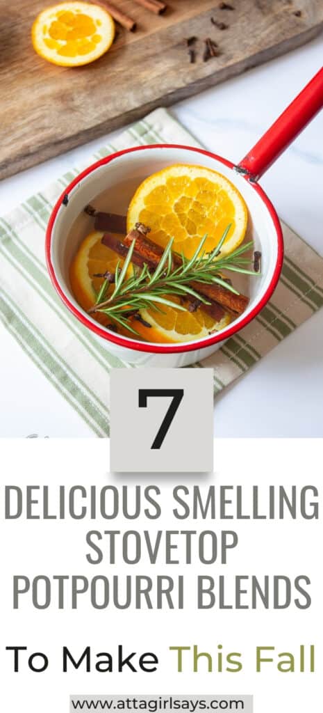 stovetop potpourri in an enamel pot with a text overlay