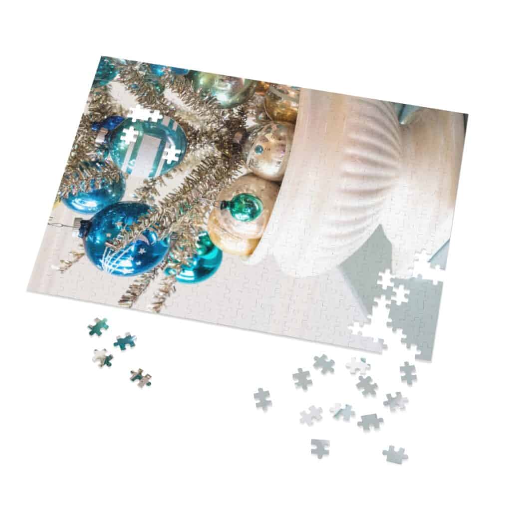 puzzle of silver tinsel tree decorated with blue Shiny Brite ornaments