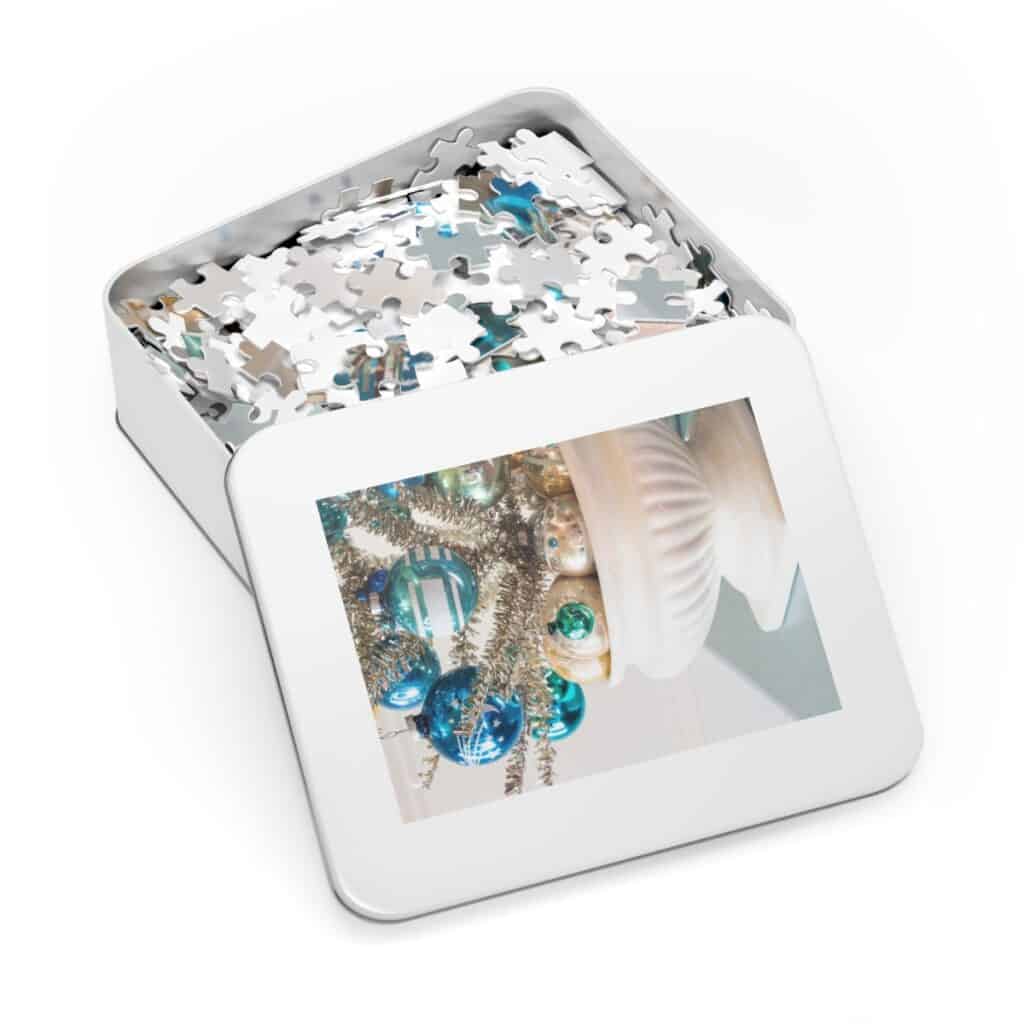 keepsake puzzle box of a tinsel tree in an ironstone urn