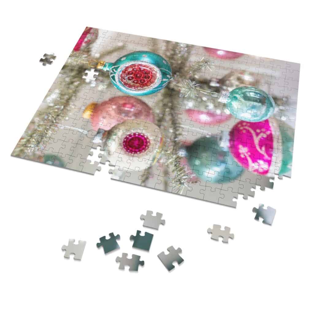 pink and green vintage ornaments on a silver tinsel tree puzzle pieces