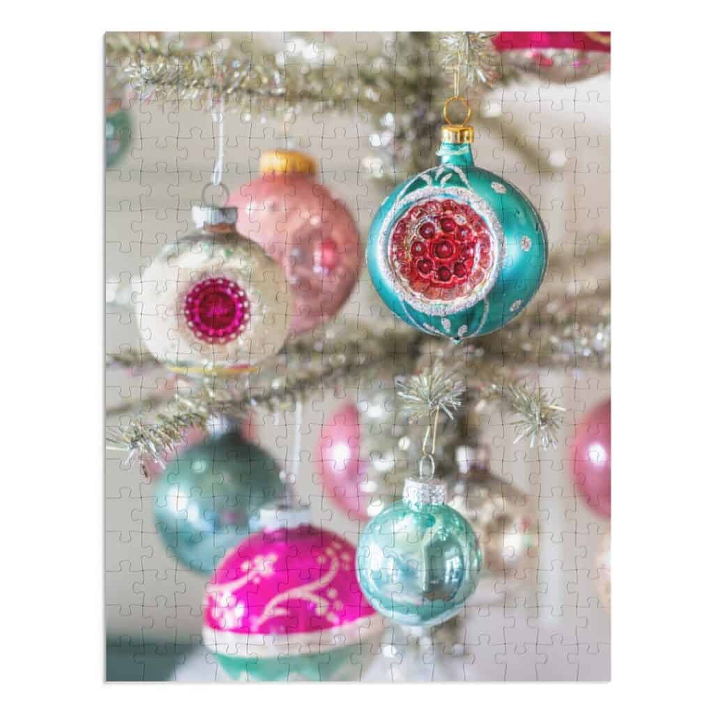 pink and green vintage ornaments on a silver tinsel tree puzzle