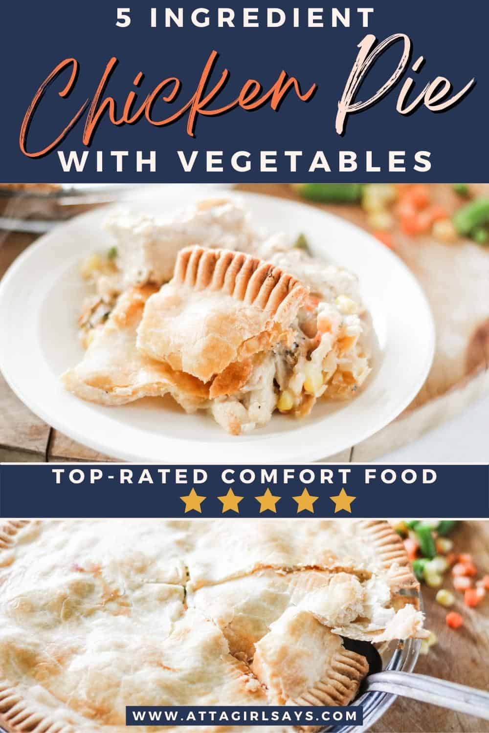 collage photo of a chicken pot pie and a serving of pot pie on a plate