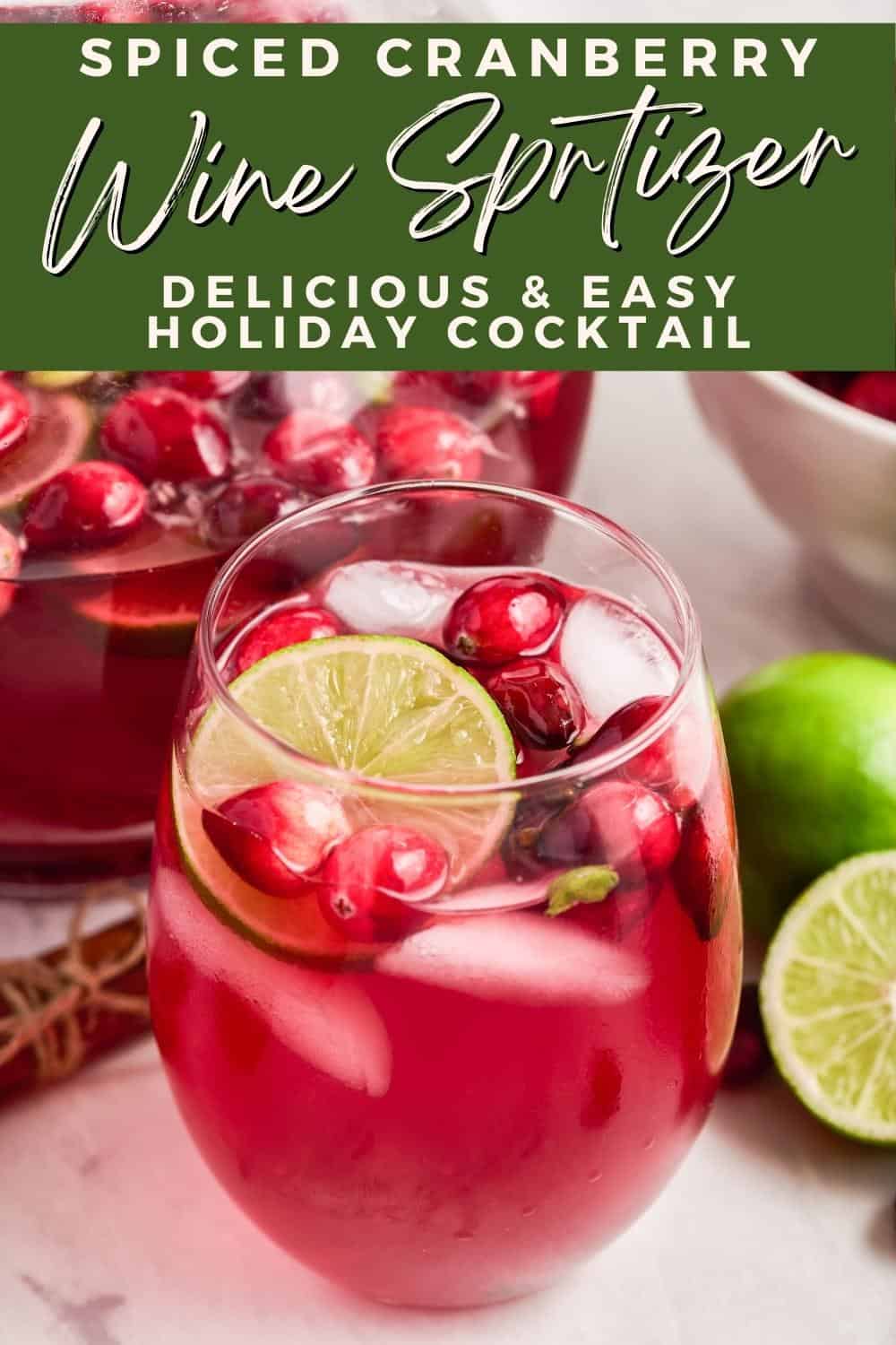glass of cranberry wine spritzer with text overlay