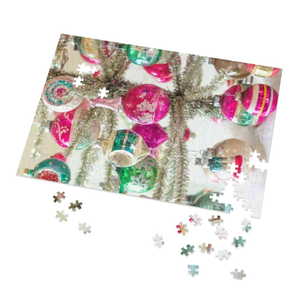 puzzle of pink and green ornaments on a tinsel tree