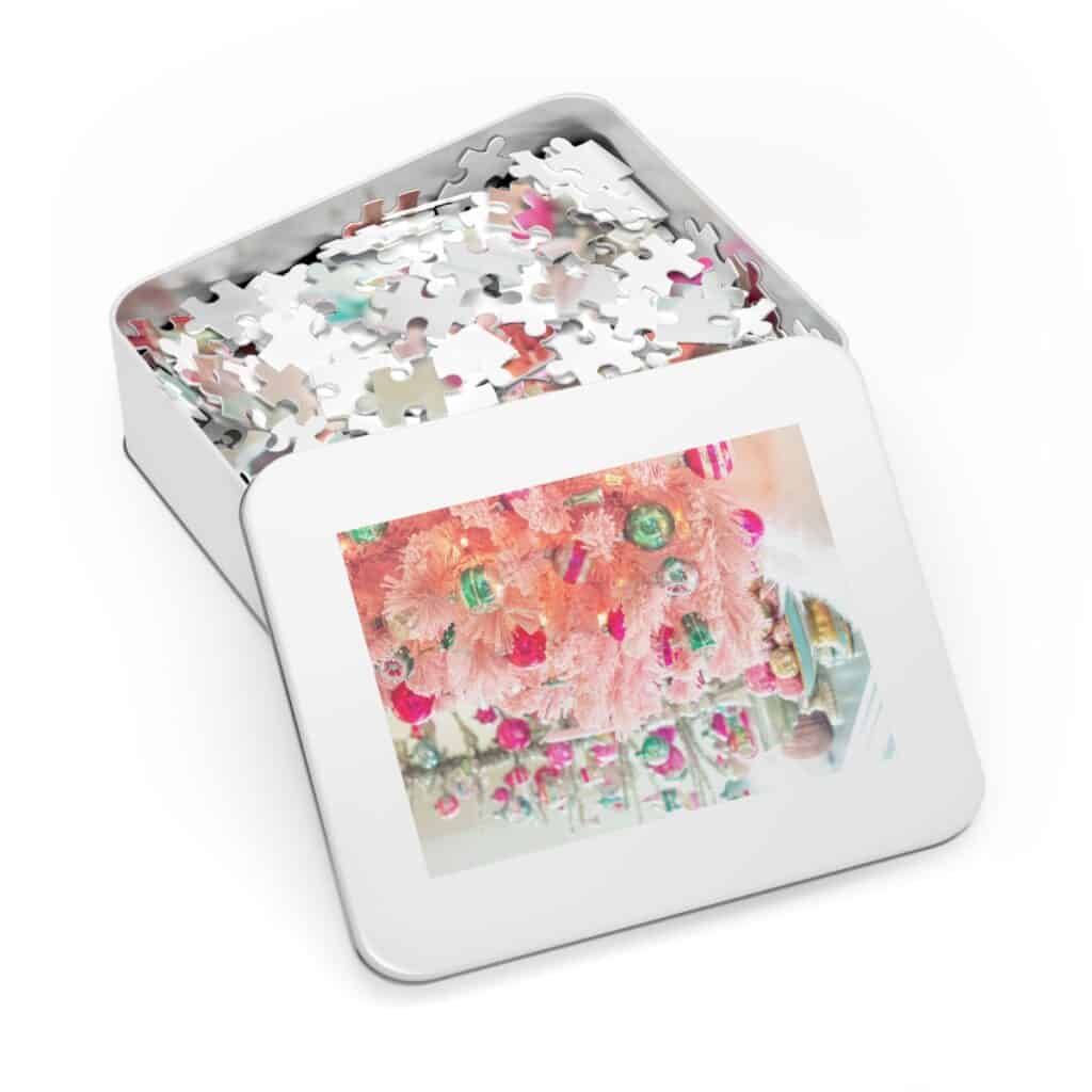 photo puzzle of a pink Christmas tree with vintage ornaments in a white metal box