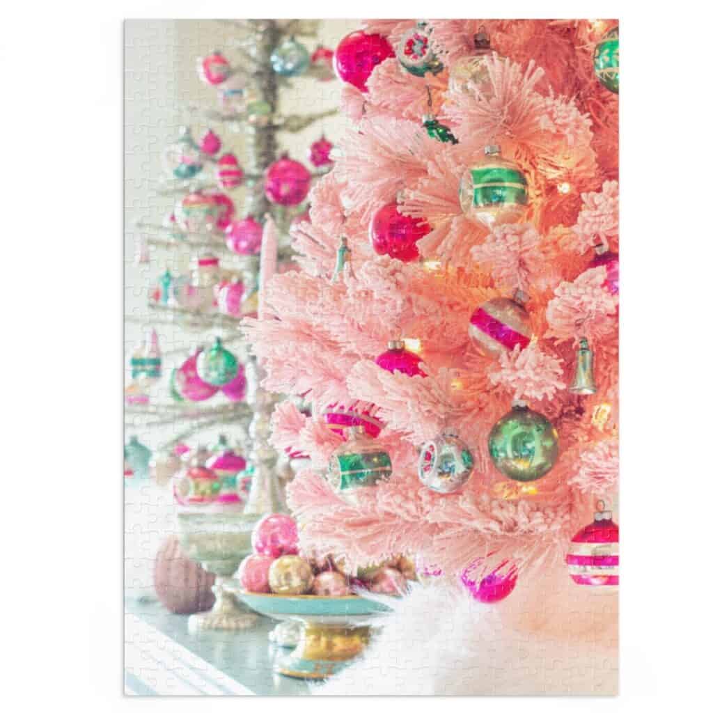 puzzle of a pink flocked Christmas tree decorated with pink and green ornaments