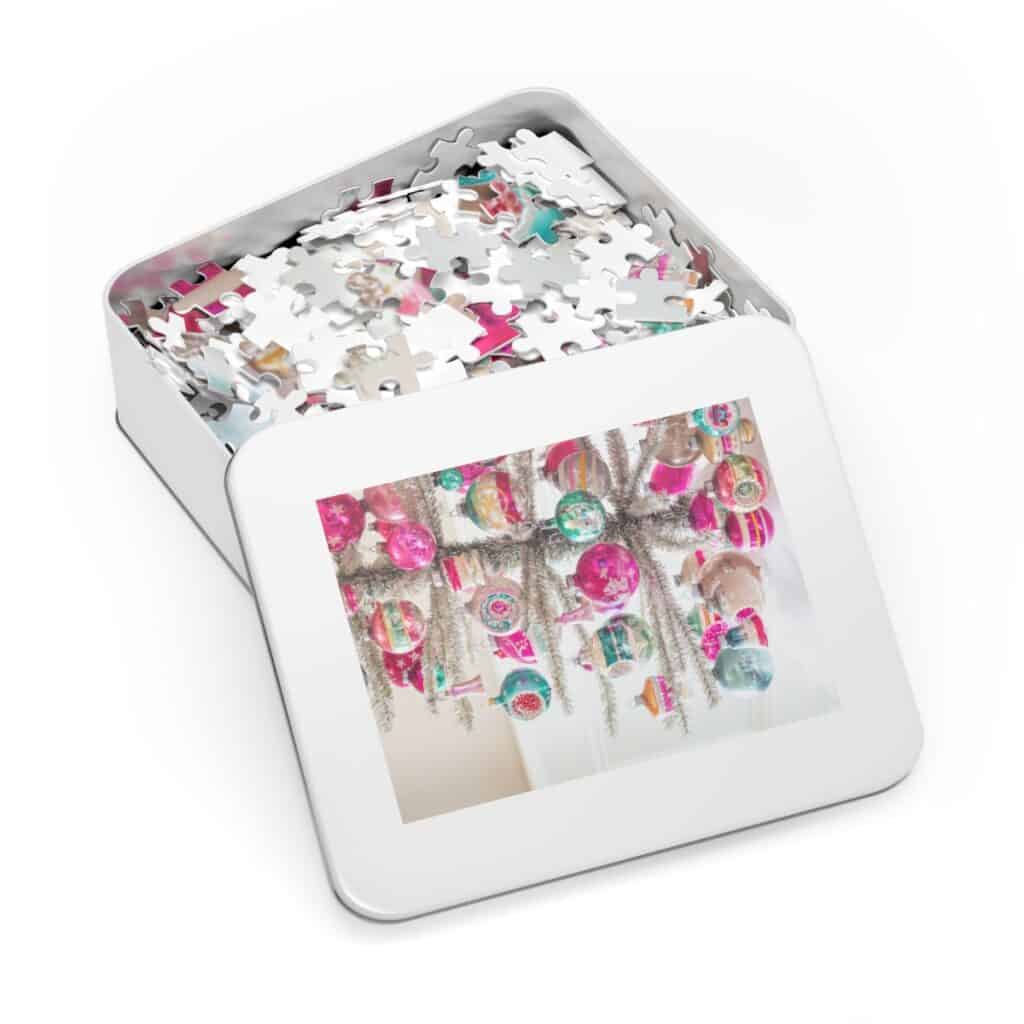 silver tinsel tree with pink and green Shiny Brites puzzle in metal box