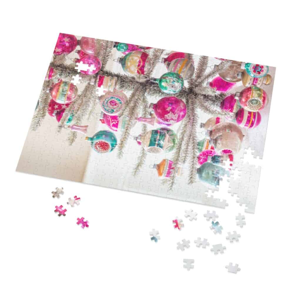 silver tinsel tree with pink and green Shiny Brites puzzle