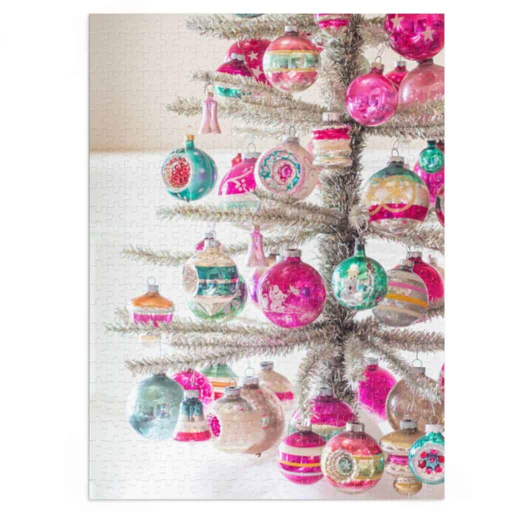silver tinsel tree with pink and green Shiny Brites puzzle