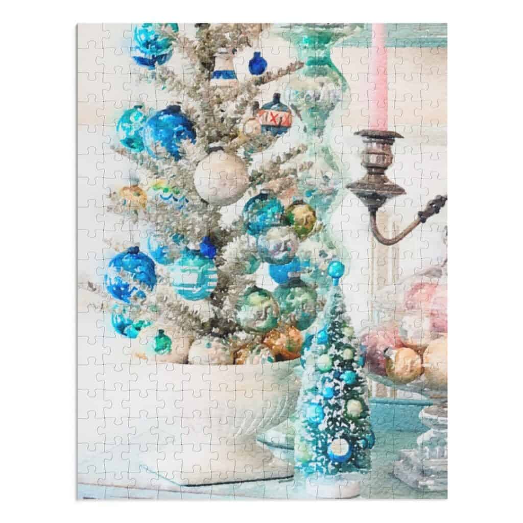 watercolor puzzle of silver tinsel tree with blue vintage ornaments