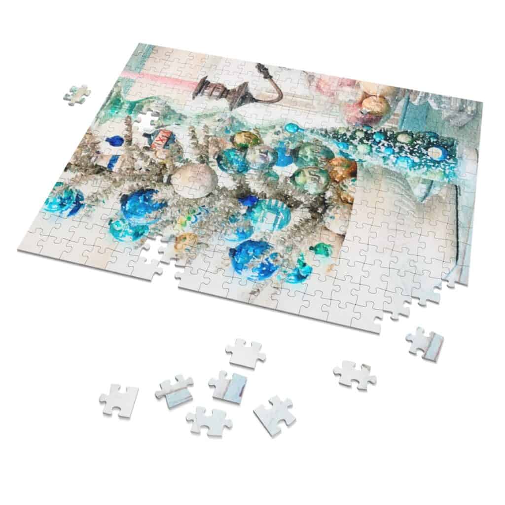 watercolor puzzle of silver tinsel tree with blue vintage ornaments