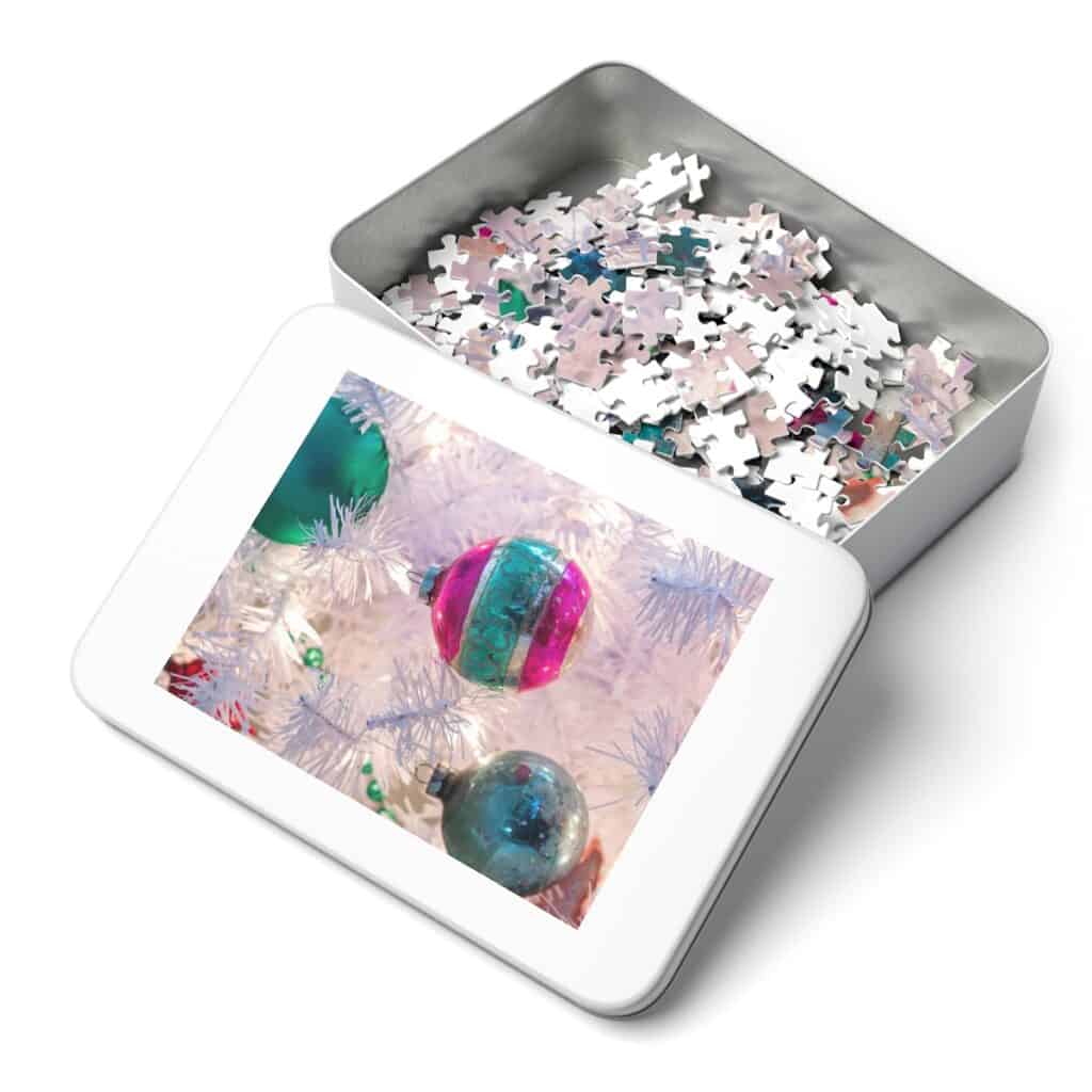 white Christmas tree and vintage ornament puzzle in metal box