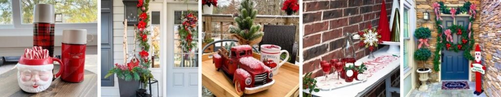 collage photos of five porches decorated for Christmas
