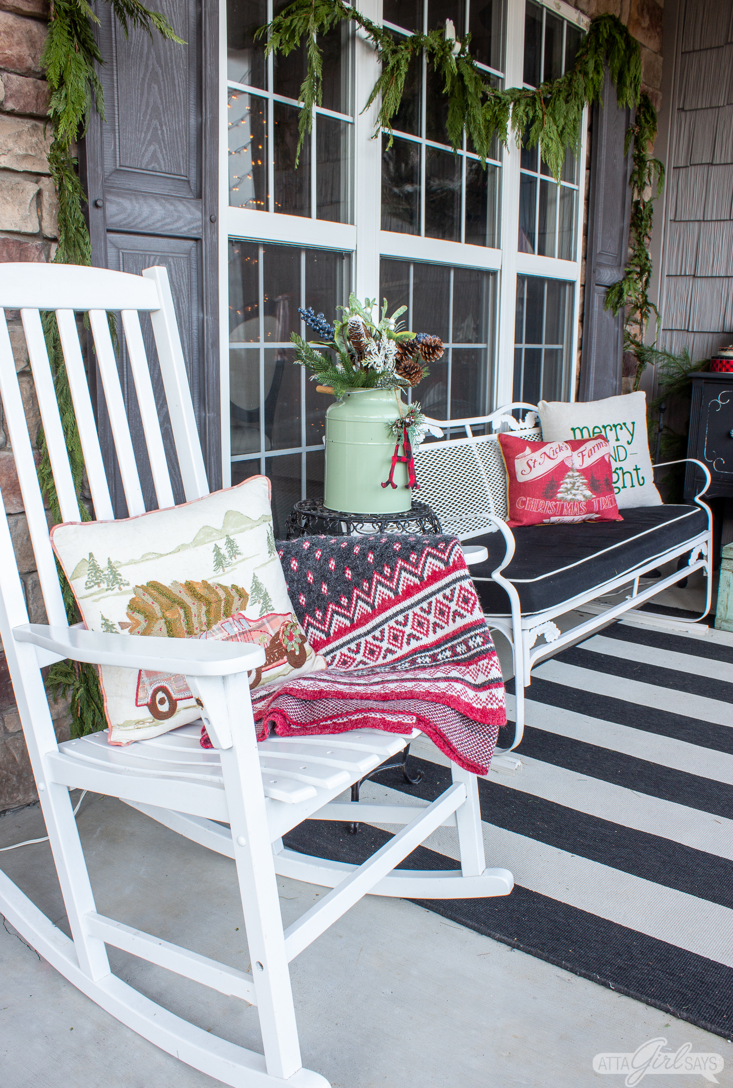 rocking chair on a Christmas front porch