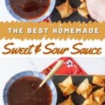 collage image of sweet and sour sauce with crab rangoons