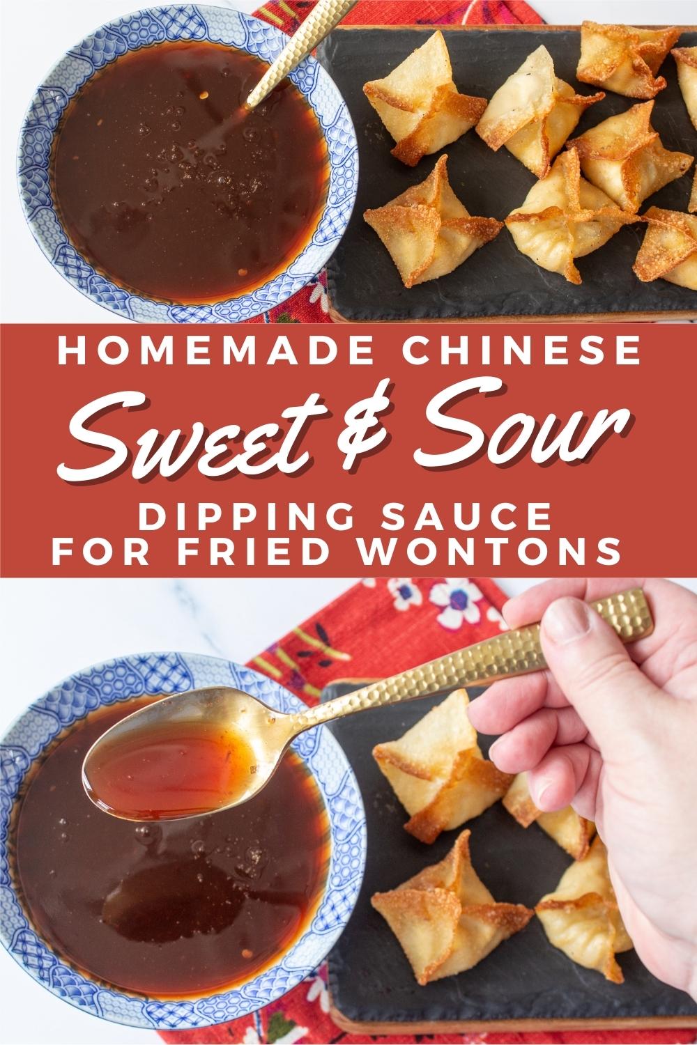 collage image of sweet and sour sauce with crab rangoons