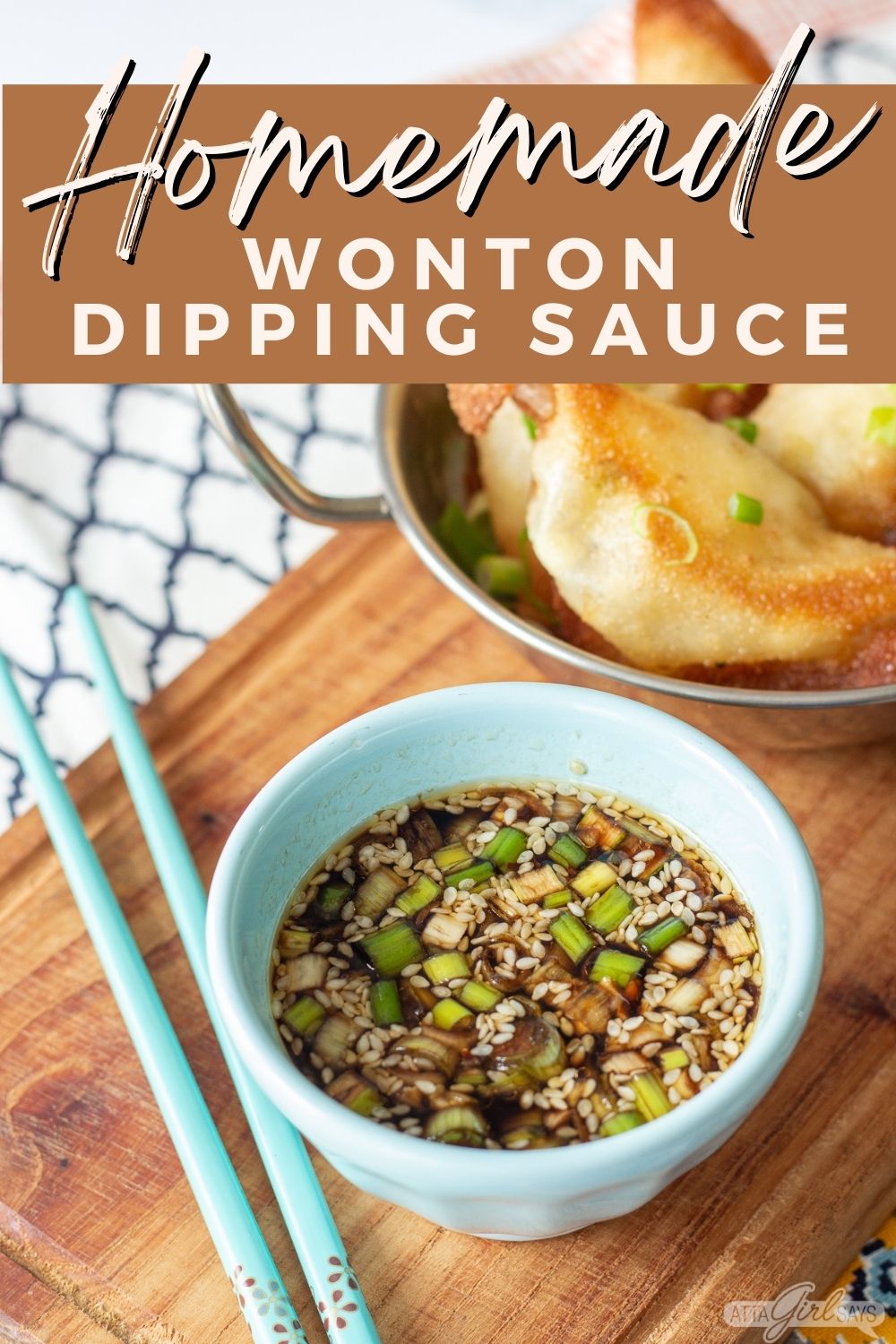 wonton dipping sauce in a bowl with a text overlay