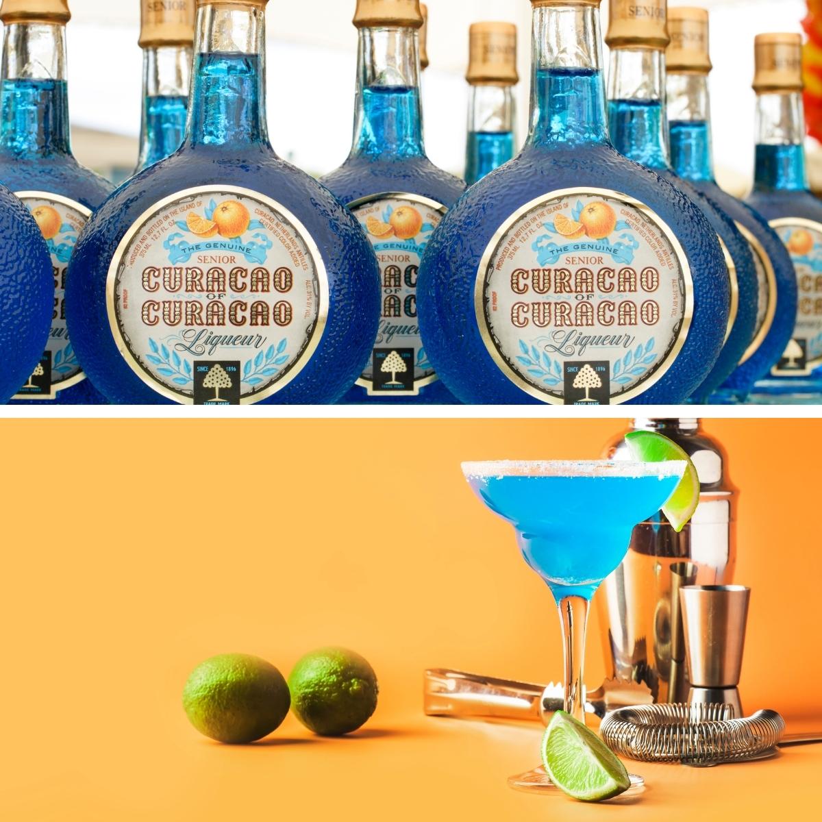 collage of bottles of blue curacao and a blue martini with lime