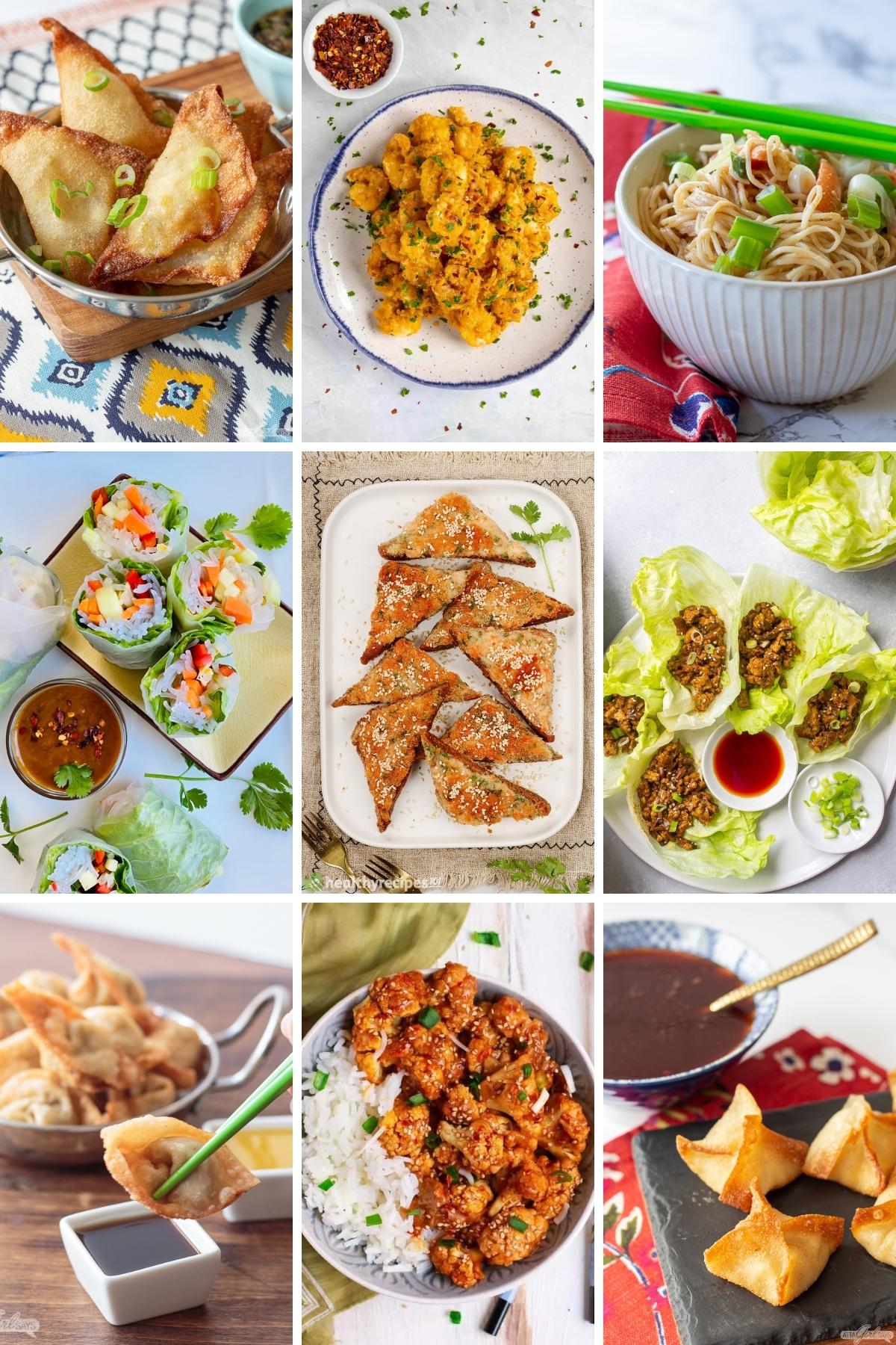 collage of nine different homemade Chinese restaurant appetizers