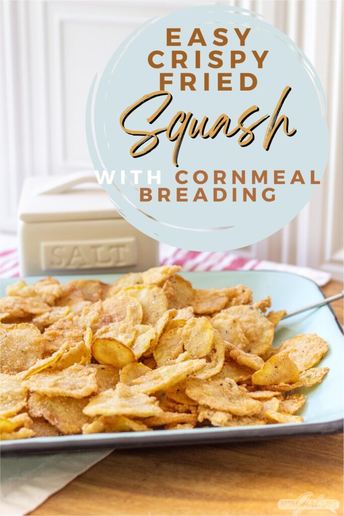 cornmeal breaded crispy squash on a platter with a salt cellar