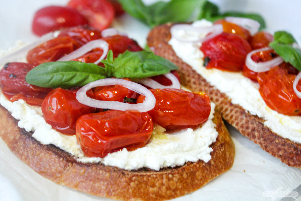 Ricotta Toast with Oven Roasted Tomatoes, Basil and Garlic