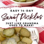 homemade sweet pickles in an ironstone bowl with a silver pickle fork