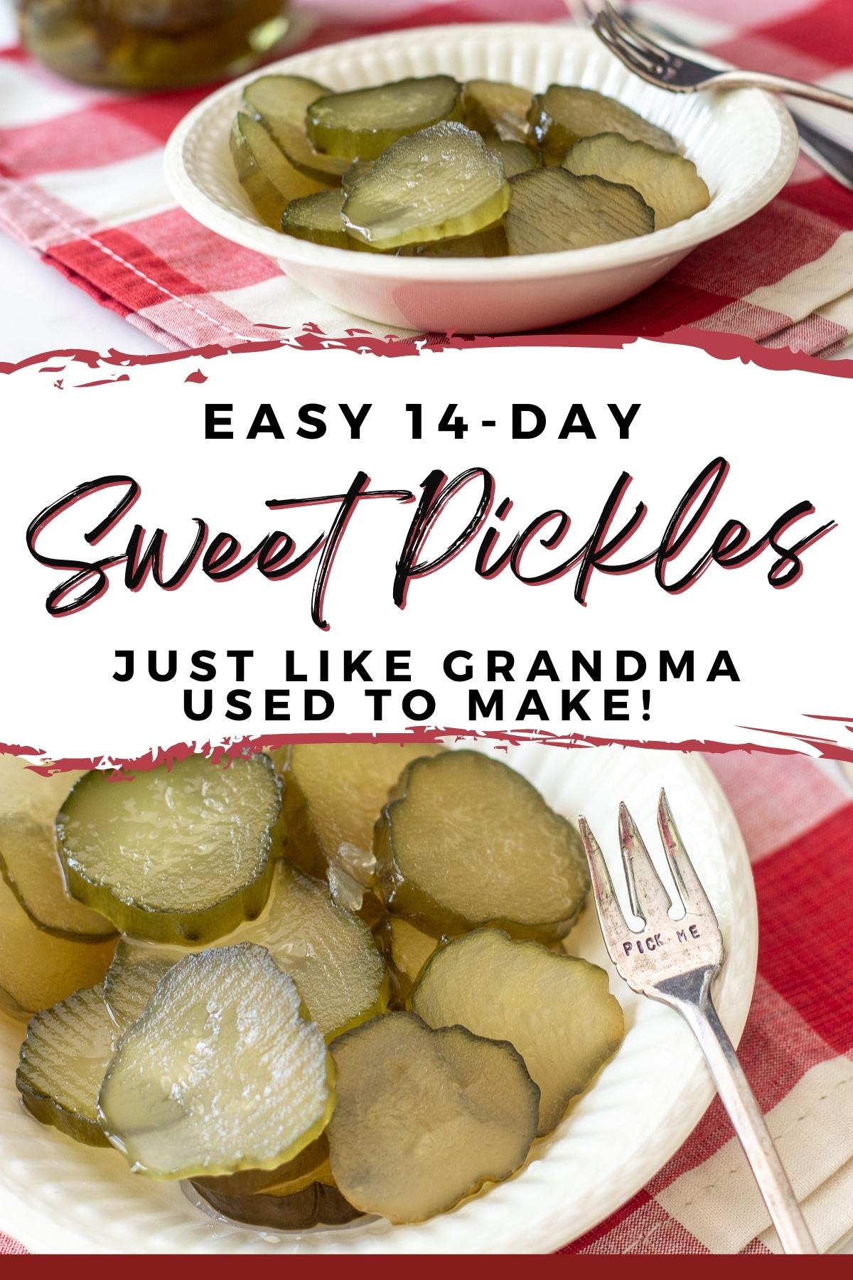 homemade sweet pickles in an ironstone bowl with a silver pickle fork