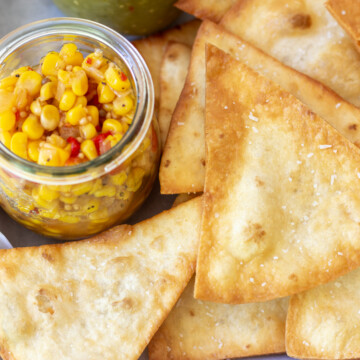flour tortilla chips with corn salsa