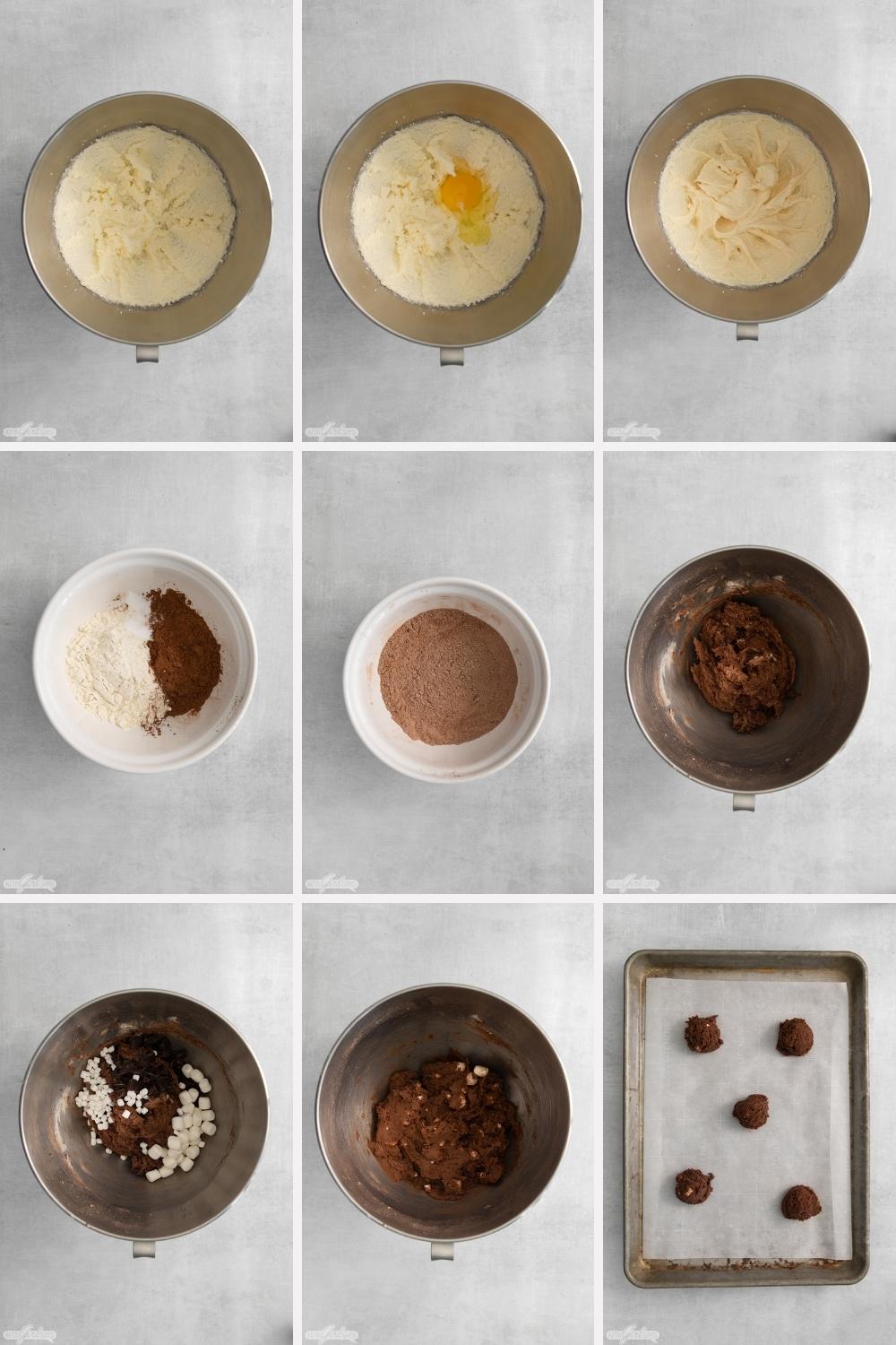 photos showing step by step how to make chocolate hot cocoa cookies