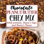homemade Reese's chocolate peanut butter chex mix on a pan and in a bowl