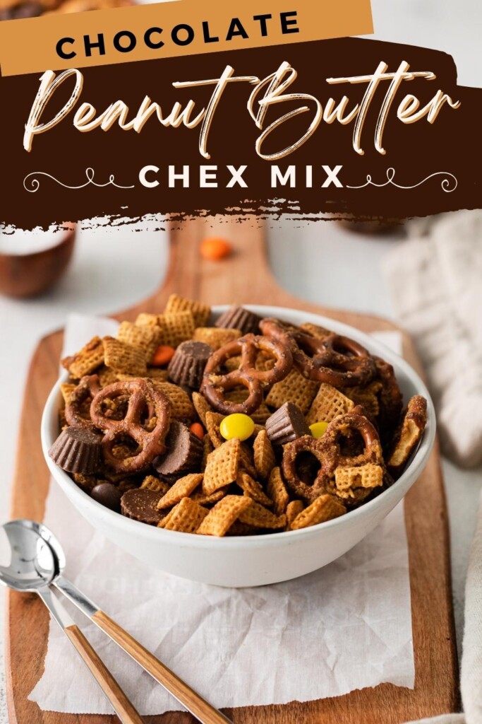 Reese's Chex Mix in a bowl with a text title overlay