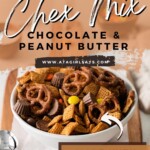 bowl of chocolate and peanut butter snack mix with title text