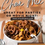 bowl of chocolate and peanut butter snack mix with title text
