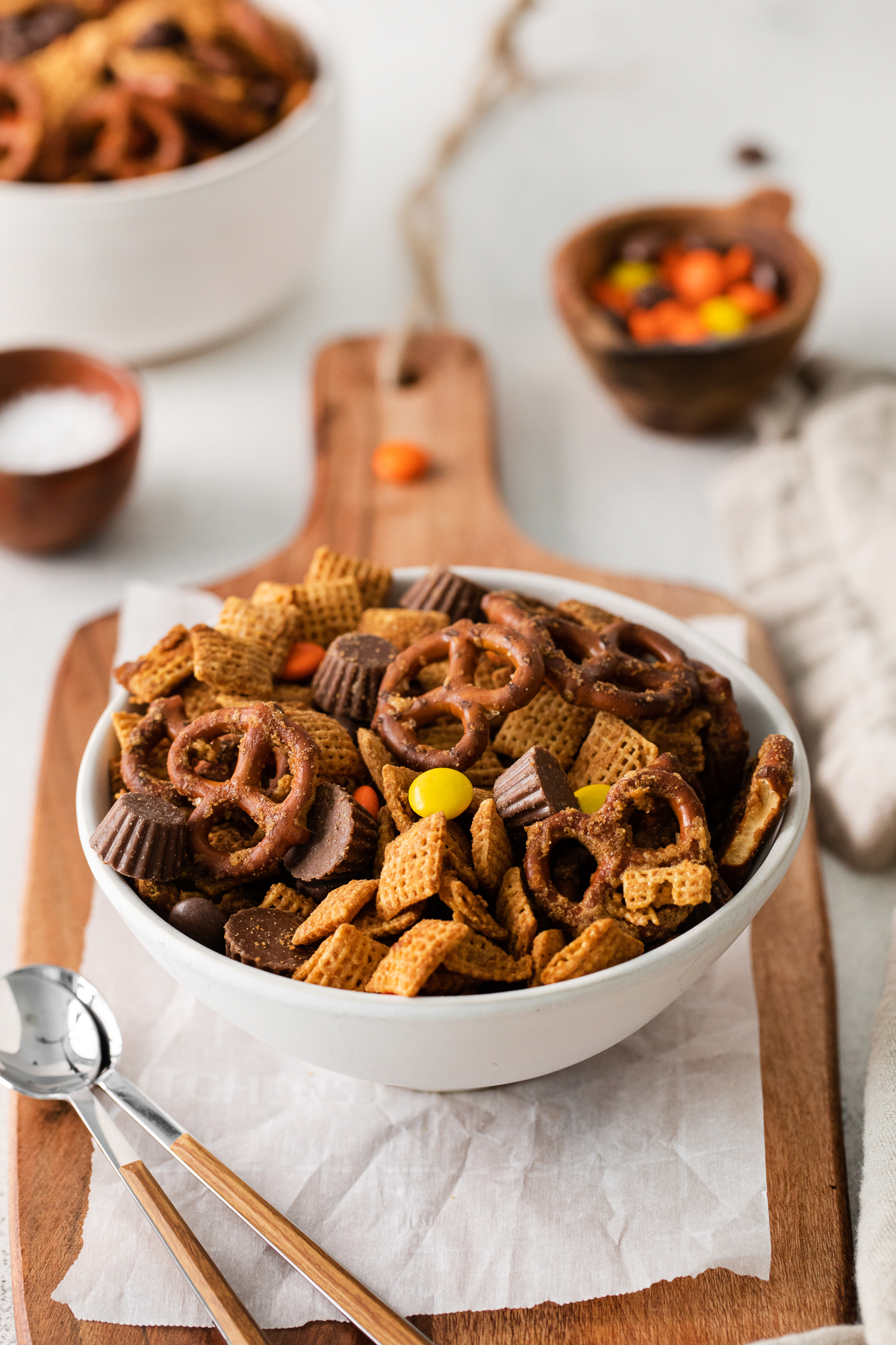 Reese's chex mix with pretzels in a bowl