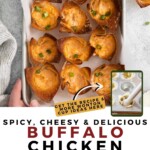 tray of buffalo chicken wonton cups with text overlay