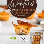 buffalo chicken wonton cup with overlay of a tray of baked wontons
