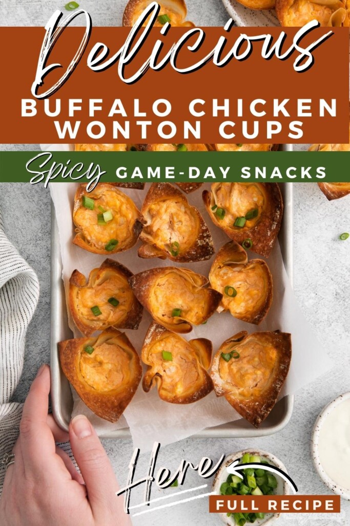 hand holding a pan of baked wonton cups with buffalo chicken dip