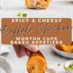 closeup photos of baked buffalo chicken wonton cups with dipping sauce