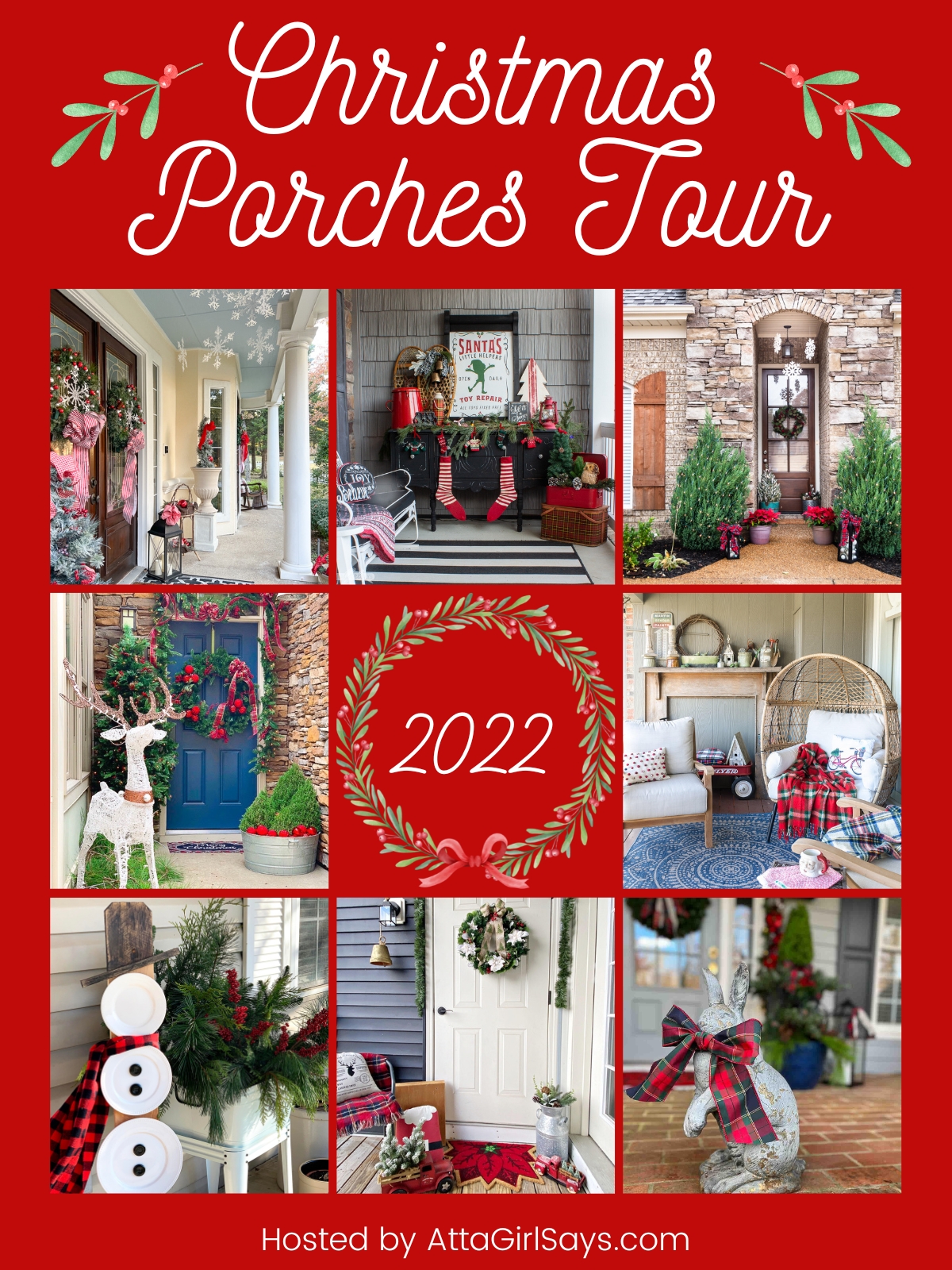 collage photos of eight porches decorated for Christmas