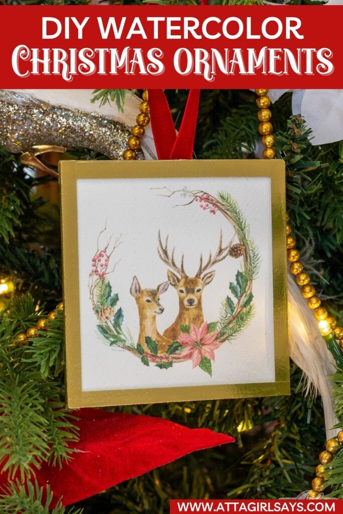 Christmas watercolor ar of two deer on a Christmas ornament