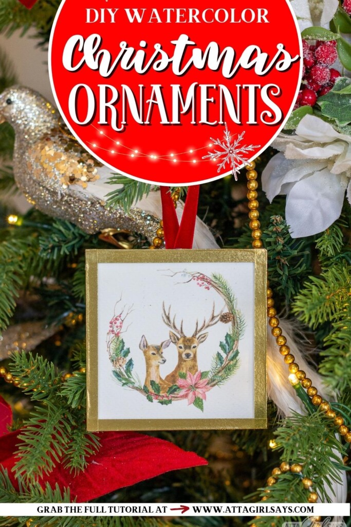 Christmas watercolor ar of two deer on a Christmas ornament