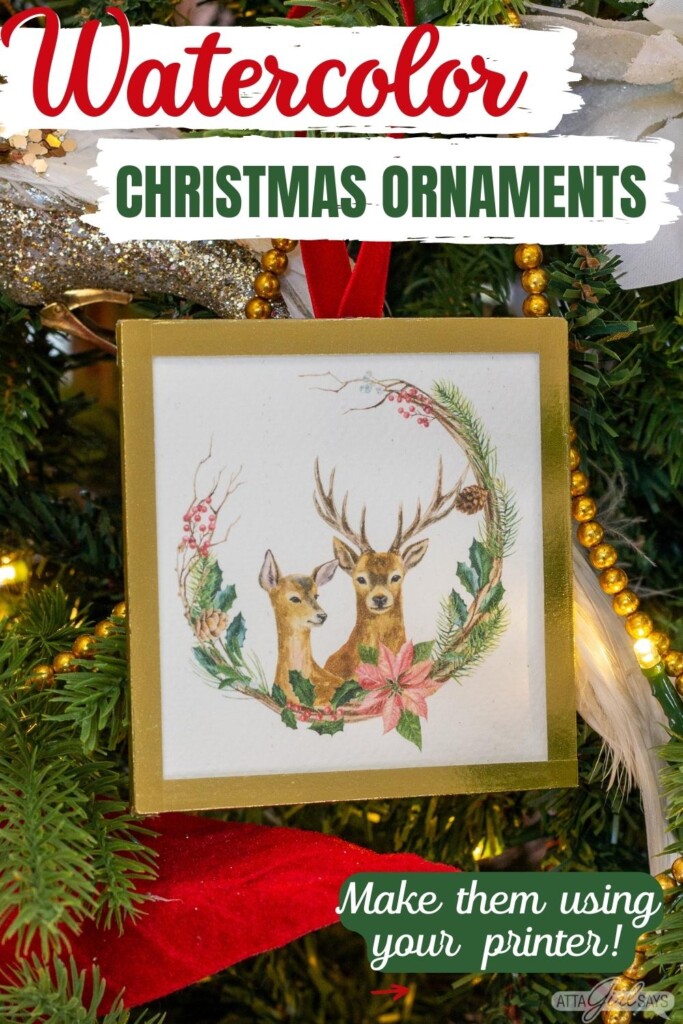 Christmas watercolor ar of two deer on a Christmas ornament
