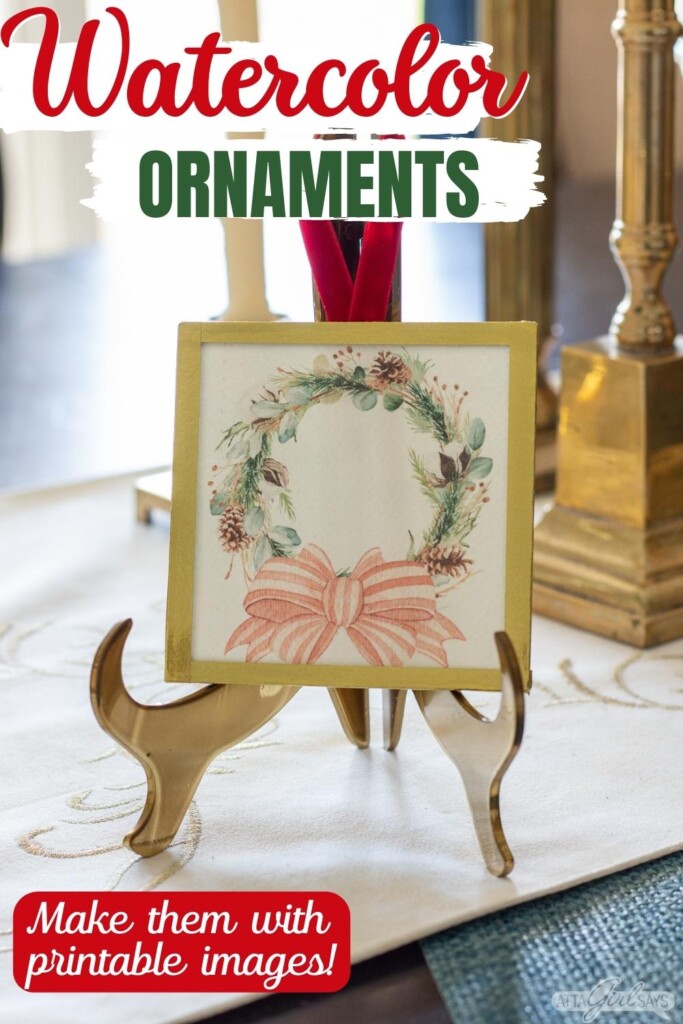 Watercolor Christmas Ornament on a brass easel