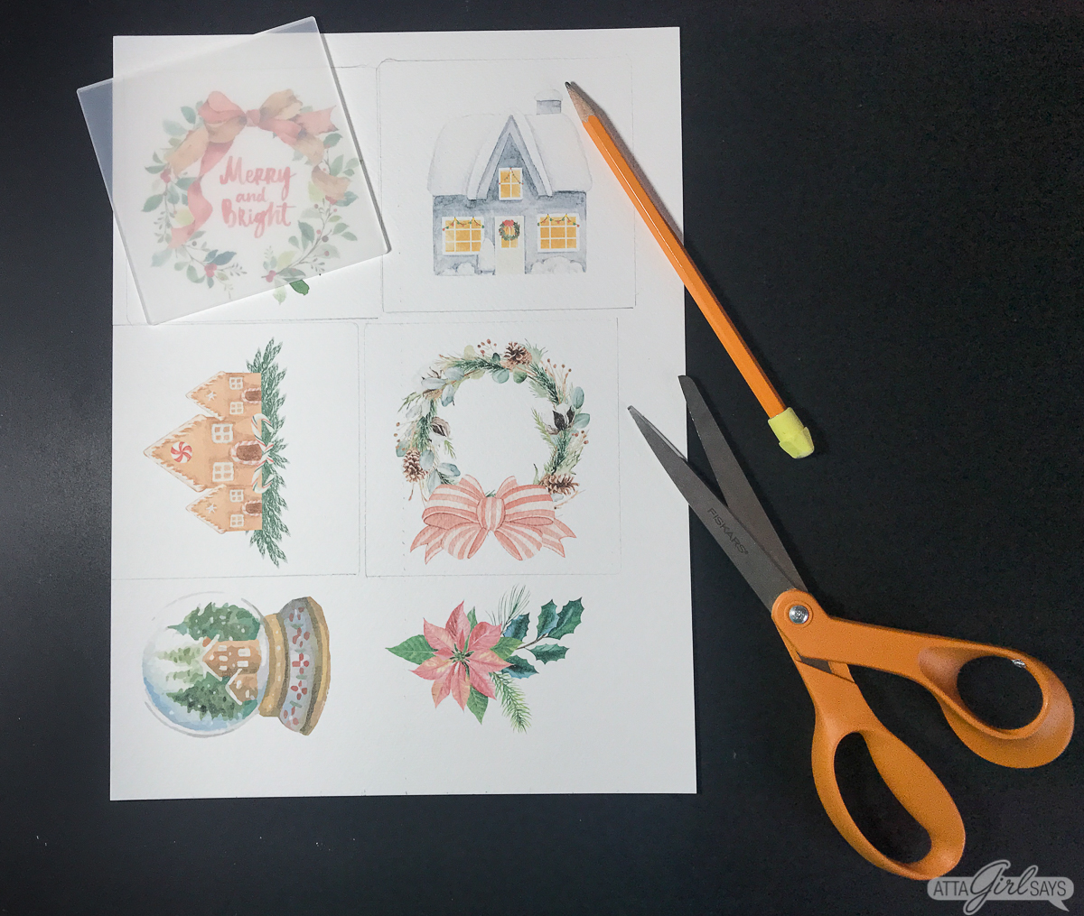 Christmas images printed on a sheet of watercolor paper