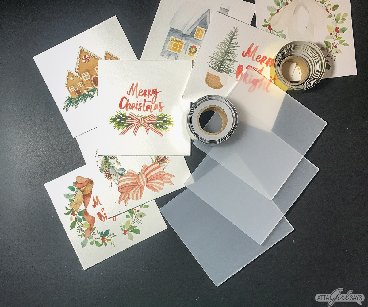 small Christmas watercolor paintings with foil tape and acrylic blanks