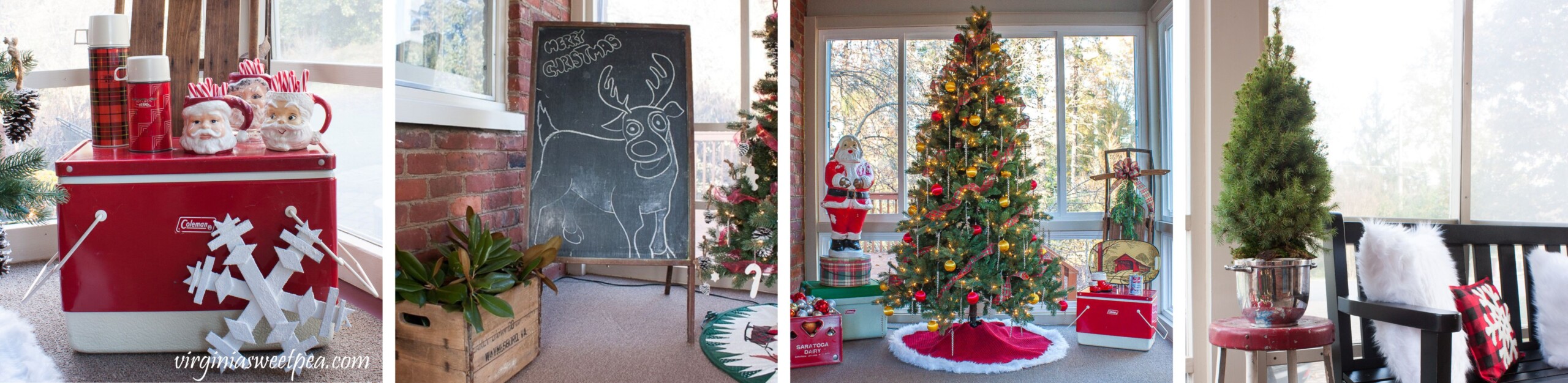 collage of a sunroom decorated for Christmas